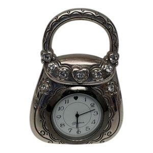 Brighton Vintage Silver Purse Desk Clock with Rhinestones & Floral Clip Stand